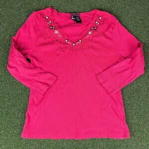 Jason Maxwell Pink 3/4 Sleeve Embellished Neck Ribbed Blouse Sz M